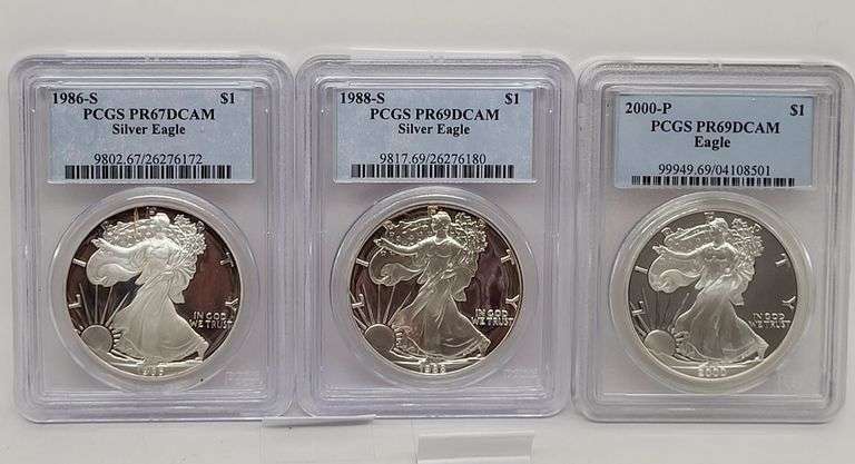 3 misc date USA Silver Eagle walking liberty PCGS PR 67,68 DCAM 1oz silver coin image