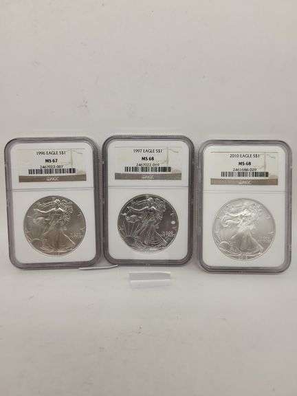 3 misc date USA Silver Eagle walking liberty PF 67,68 1oz silver coins image