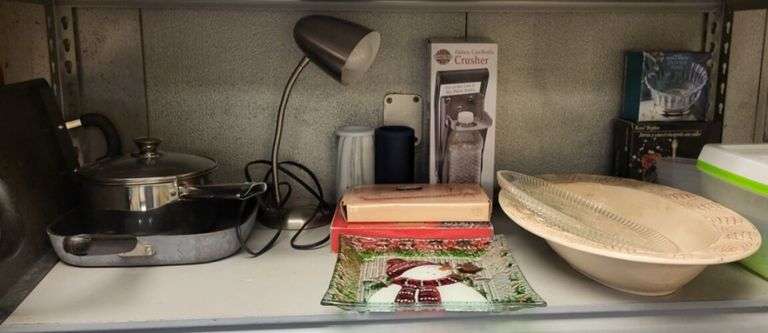 Assorted Household Items: Crystal Bowl, Serving Ware, Bottle Crusher, Lamp, Cookware & More image