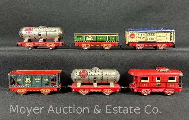 (6) Marx Tin Plate Freight Cars, Red Bases image