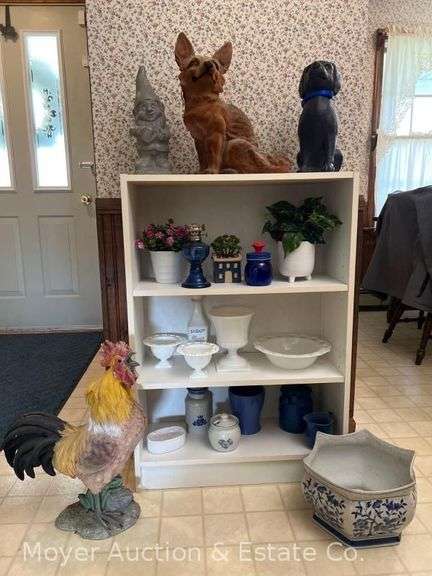 Shelf and Contents of Milk Glass, Faux Plants, Etc. image