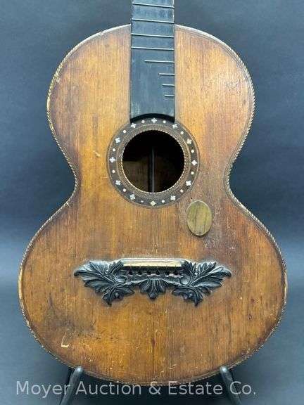 Antique Parlor Guitar, Believed to be German, Original Condition, with Inlay and Carved Bridge image