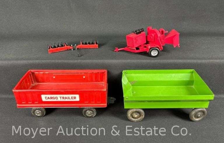 (2) Metal Model Tractor Wagons, with 2 Plastic Scale Implements image