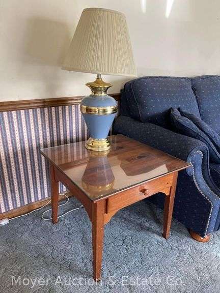 (2) Yield House Single Drawer End Tables, Glass Protective Tops, with Pair of Table Lamps image