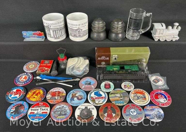 Group of Asst. Lionel Pin Back Buttons, Buffalo Mugs, Railroad Collectibles, Etc. image