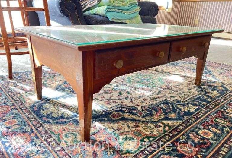 Yield House Wood Coffee Table, Glass Protective Top, 2 Drawers, 44"x24"x16"h image