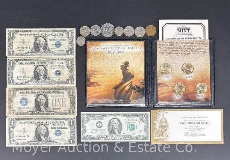 Group of Coins and Currency: (4) $1 Silver Certificates, Uncirculated $2 Bill, Set of Sacagawea Dollars, etc. image