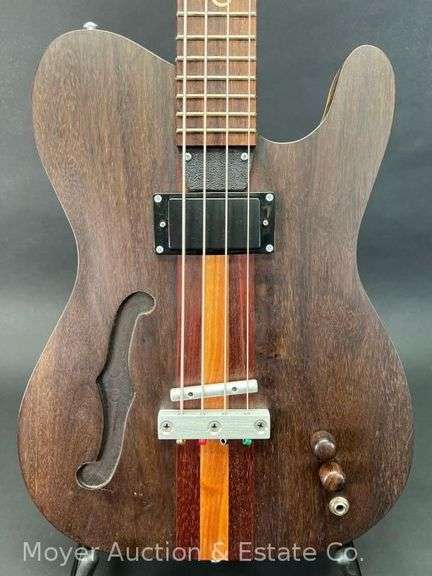 Wood 4-String Electric Bass Guitar, Appears Homemade, Unknown Maker, Inlaid Neck image