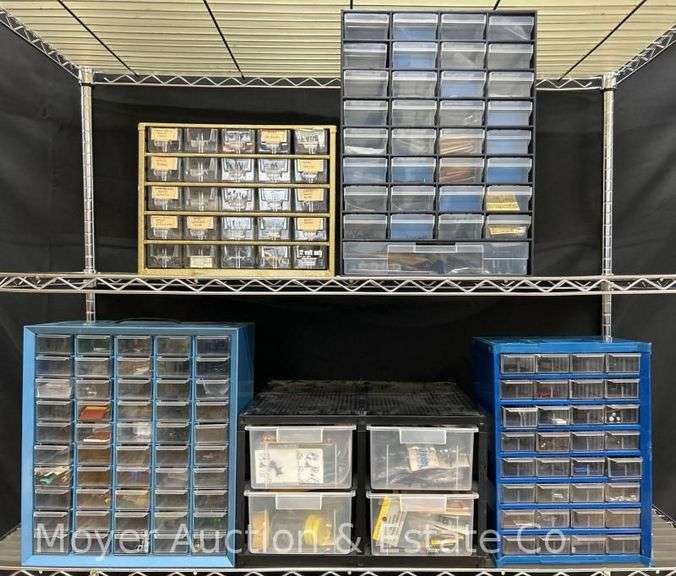 (6) Drawer Parts Bins with Contents, Most Electrical, Layout and Model Train Related image