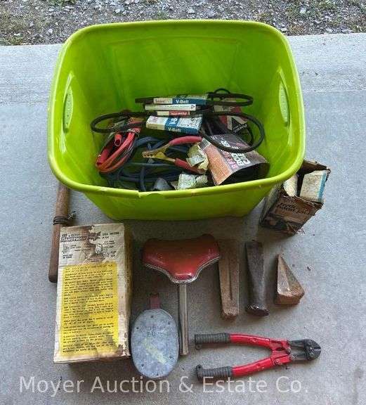 Group of Jumper Cables, Bolt Cutters, Bottle Jack, Splitting Wedges, Etc. image