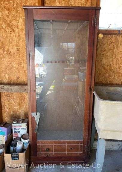 Wood Glass Door Gun Cabinet, Needs Refinishing, 27"w x 64"h image
