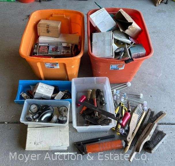 (2) Totes of Asst. Tools, Hardware, Saw Blades, Wire Brushes, Screws, Paint Rollers & Brushes, Etc. image