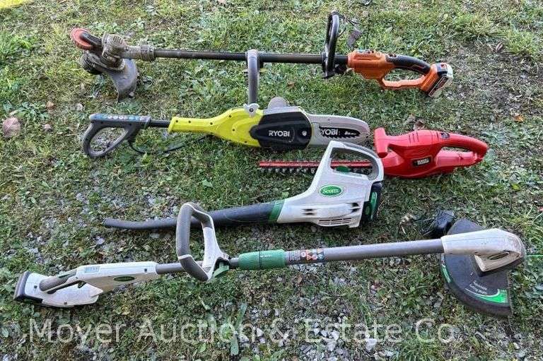 Group of Battery Powered and Electric Weed Trimmers, Ryobi Battery Powered Chainsaw, Etc. image