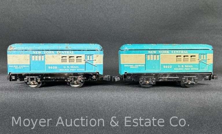 (2) Marx Tin Plate New York Central U.S. Mail Cars, No. 5020 and 5022 image