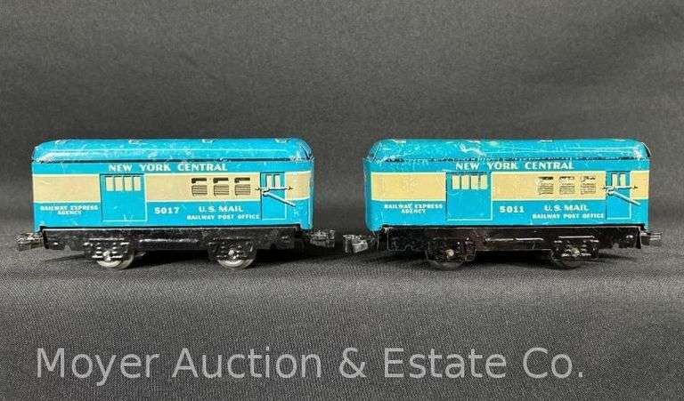 (2) Marx Tin Plate New York Central U.S. Mail Cars, No. 5011 and 5017 image