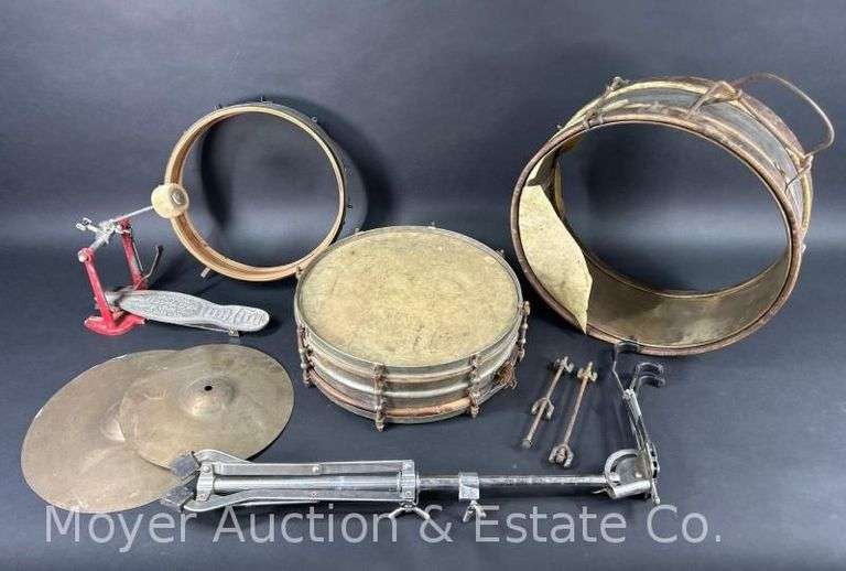 (3) Early Drums, Cymbals, Ludwig Bass Drum Pedal, Snare Stand, Etc. image
