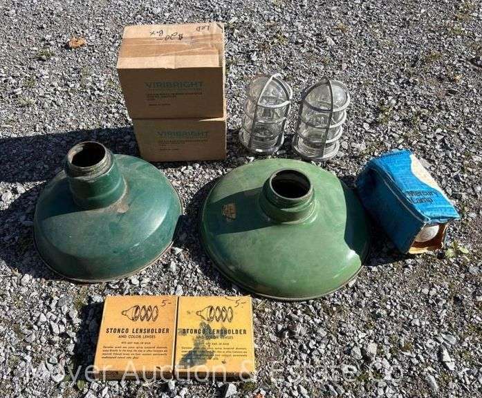 (2) Green Enamel Lamp Shades, Explosion Proof Light Fixtures, New LED Light Bulbs, Etc. image