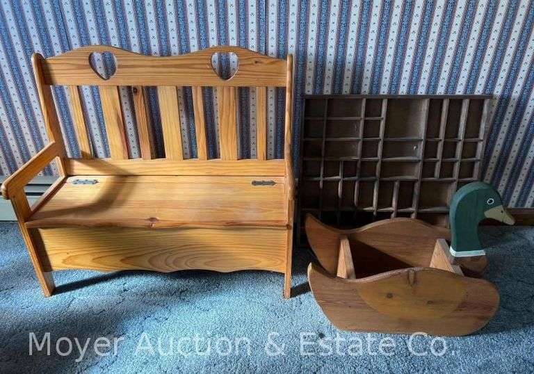 Wood Doll Bench, Duck Magazine Holder, and Typeset Tray image