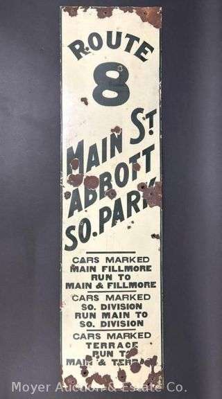 Enameled Route 8 Main St. / Abbott / So. Park Sign, See Pictures for Wear & Holes, Single Sided, 11.5"x42.5" image