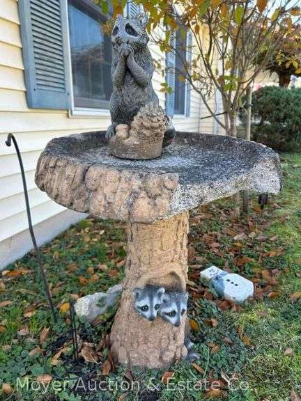 Cement Raccoon Bird Bath (Damaged), Metal Boot Scraper, Shepherds Hook, Etc. image