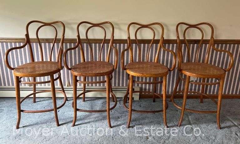 (4) Vintage Thonet Bent Wood Chairs, Bar Height, Cane Seats, Excellent Condition image