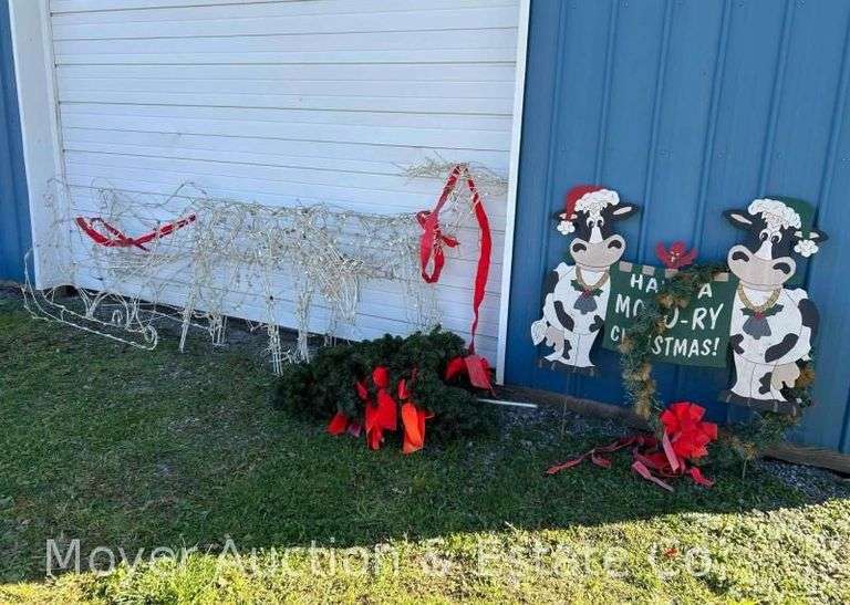 (2) Christmas Light Yard Decor Reindeer, Sleigh, Wreathes, Plywood Decoration, Etc. image