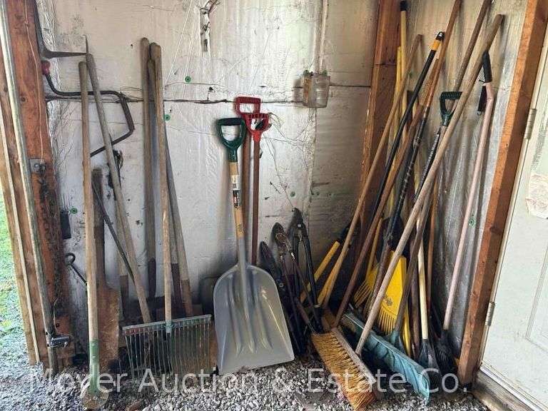 Group of Long Handled Tools, Shovels, Rakes, Brooms, Loppers, Etc. image