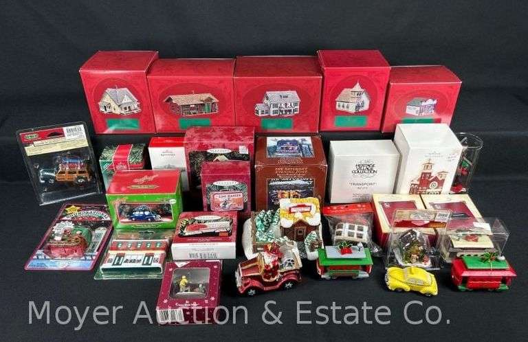 Group of Christmas Ornaments and Miniature Houses, Some Railroad Related, Most with Boxes image