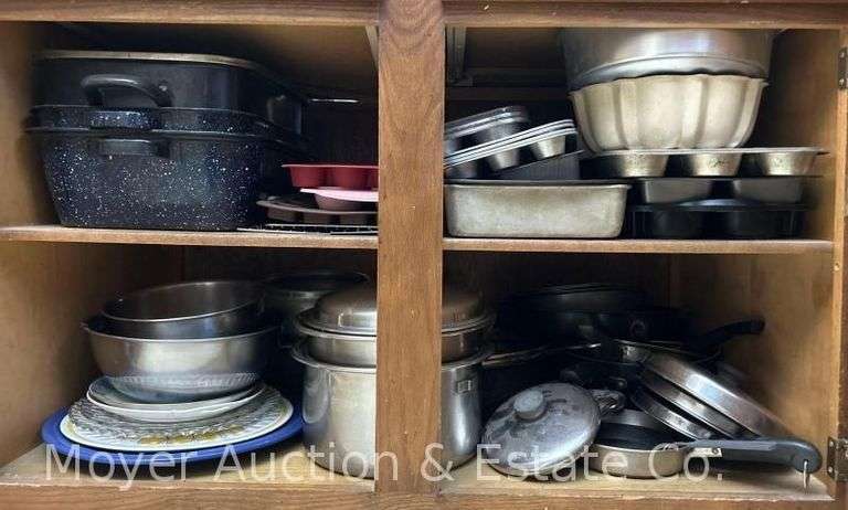 Group of Pots and Pans, Muffin Tins, Baking Dishes, Stainless Mixing Bowls, Etc. image
