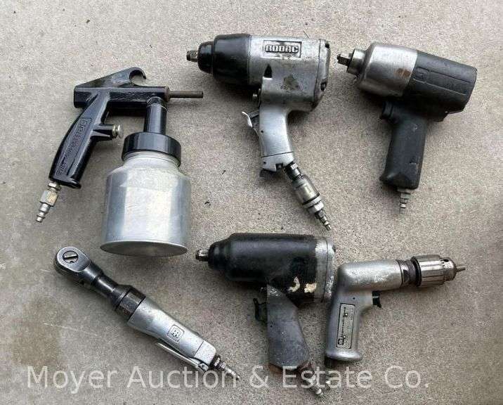 Group of Pneumatic Impact Wrenches, Ratchet, and Drill image