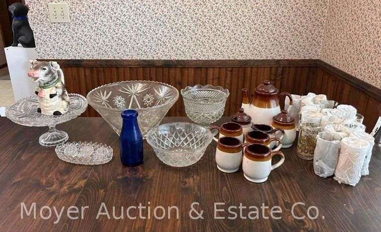 Group of Vintage Juice Glasses, Punch Bowl, Cake Stand, Figural Napkin Rings, Pottery, Vases, Etc. image