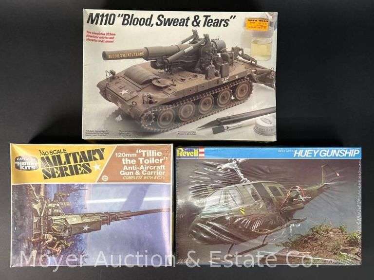 (3) Asst. Plastic Model Kits: Tank, Helicopter, & Anti-aircraft Gun, Sealed in Plastic, Asst. Scales image