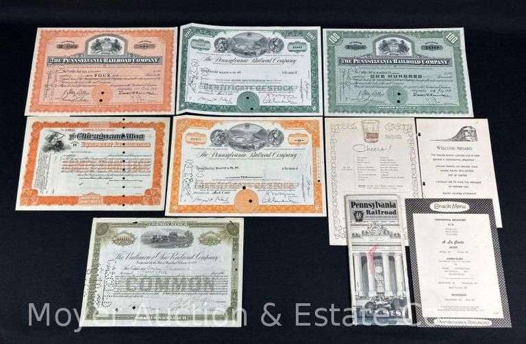 (4) Pennsylvania Railroad Stock Certificates, Dining Menus and Time Table image