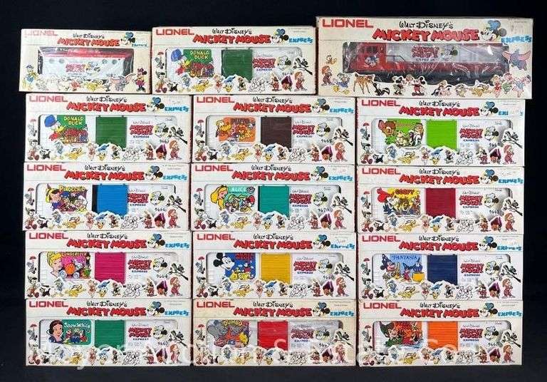 Lionel Mickey Mouse Express 15 Piece Train Set, U36B Locomotive, (13) Box Cars and Caboose image