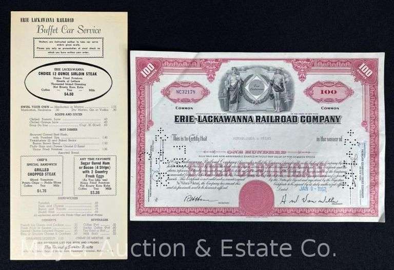 1962 Erie-Lackawanna Stock Certificate and Erie-Lackawanna Buffet Menu image