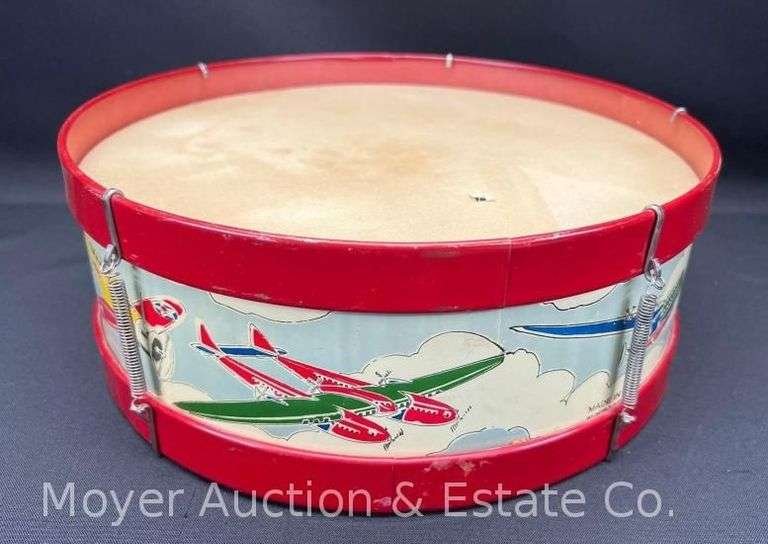 Vintage Noble & Cooley Co. Toy "Airplane" Drum, Made in USA, 13"w image