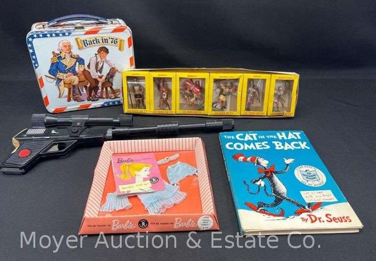 Aladdin Lunch Box, Barbie Clothes, Painted Soldiers, 1958 Cat in the Hat Book, Etc. image