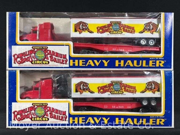 (2) K-Line Ringling Bros. Circus Flatcars with Semi-Trucks/Trailers, with Boxes image