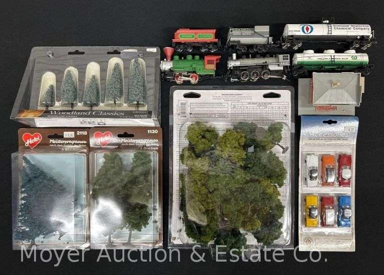 Group of Misc. HO Scale Steam Locos, Freight Cars, Trees, Etc. image