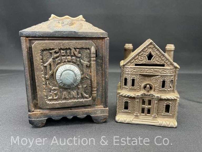 Early "Safe" Coin Deposit Bank, Cast Iron/Metal, 5.5"h with Other "House" Coin Bank, 4.25"h image