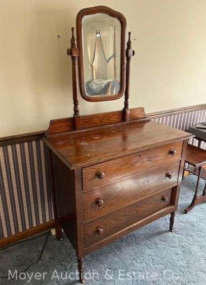 Oak 3 Drawer Dresser with Mirror, 36"w x 64"h overall