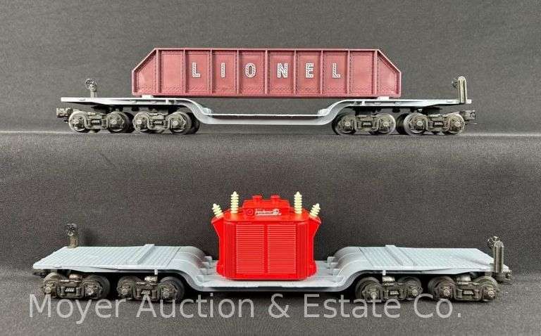 (2) Lionel Depressed Flat Cars with Girder Load and Generator, One Mismatched Box image
