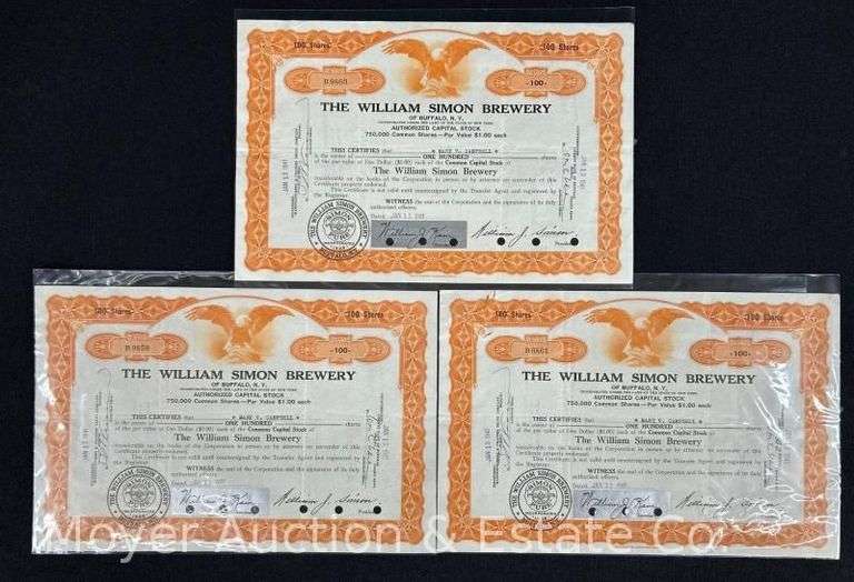 (3) 1941 William Simon Brewery Stock Certificates, Buffalo NY image