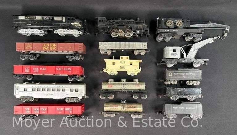 Group of Misc. Model Train Freight Cars, Plastic Locomotive, Etc. image