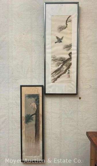 (2) Framed Japanese Art Pieces, One on Fabric, 19"x7" and 16.5"x5" image