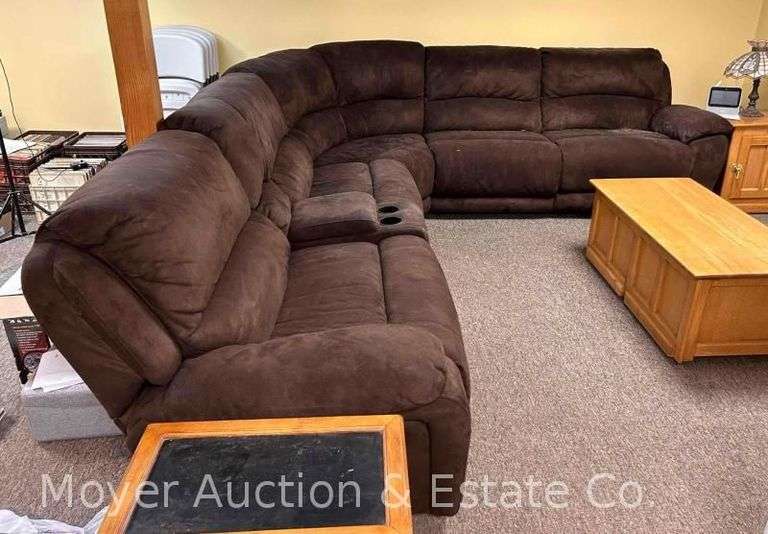 Brown Suede Sectional Sofa, 3 Reclining Seats, Approx. 11ft x 9.5ft image