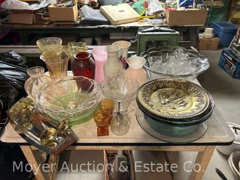 Group of Colored Glass, Punchbowl and Cups, Serving Dishes, Etc. image