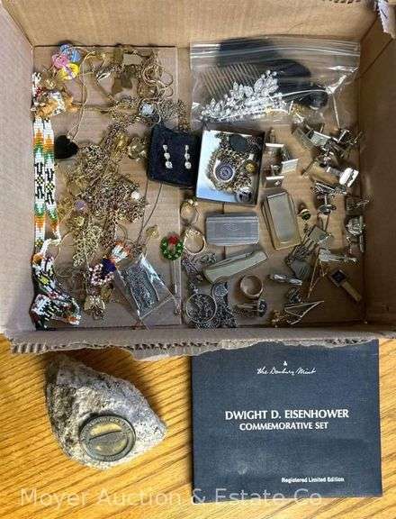 Group of Costume Jewelry, Tie Clips, Cuff Links, Commemorative Token with First Day Stamp, Etc. image