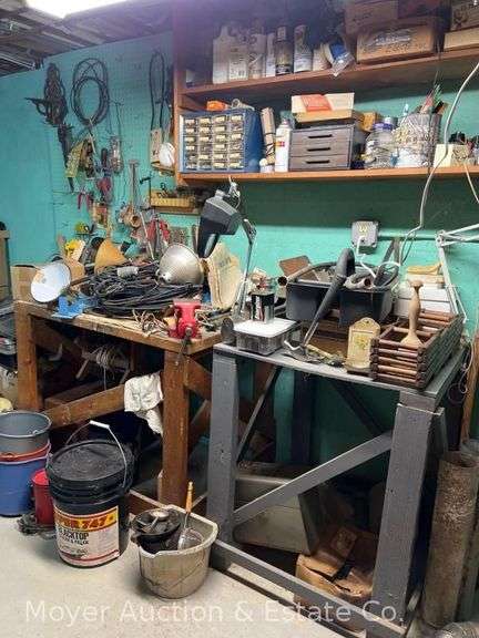 Contents of Workbench and Shelves, Extension Cords, Hand Tools, Painting Supplies, Craftsman Vise, Etc. image
