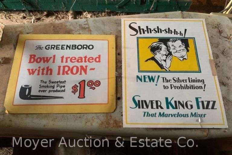 2 Cardboard Store Display Signs: Smoking Pipe 10"x12" & Silver King Fizz 14"x11" image